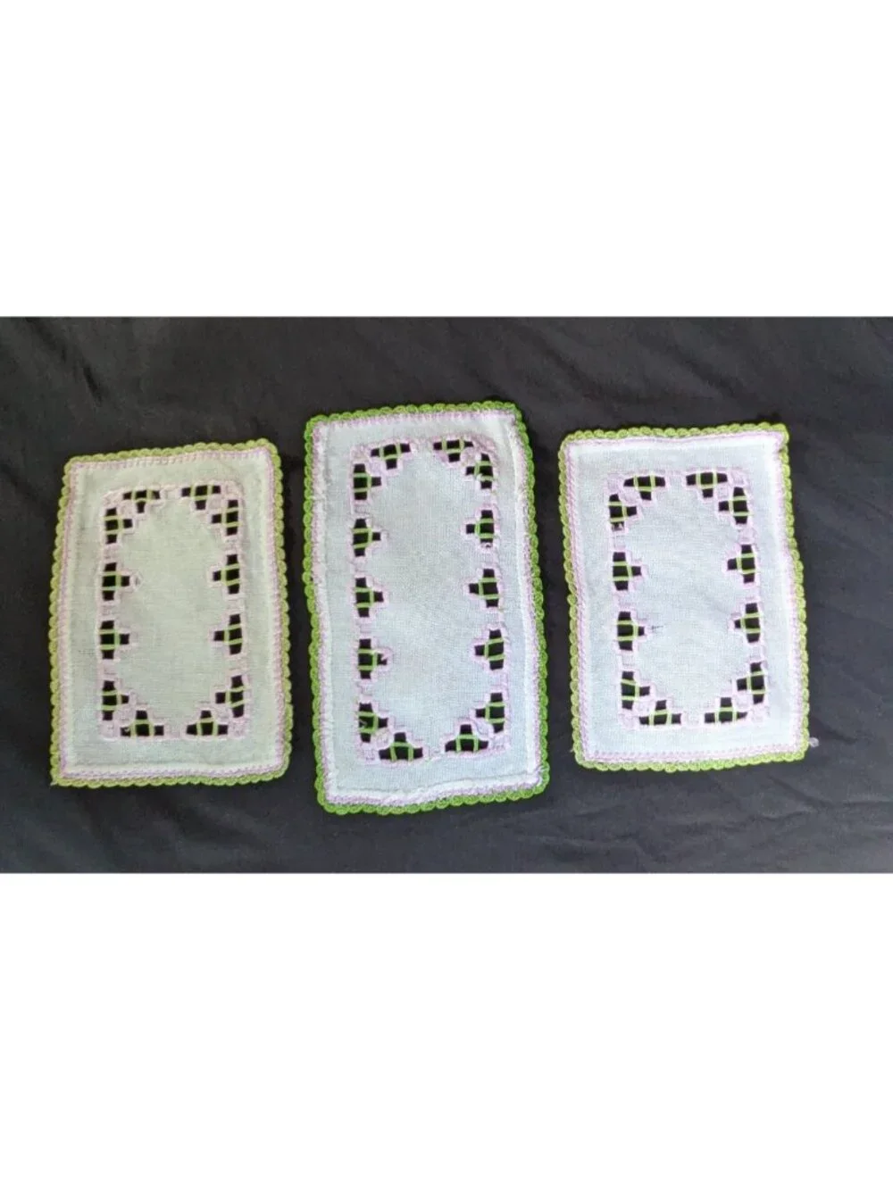 Vtg Doily Dresser Scarf Set of 3 Crochet Edge Embroidered Cut Outs White Linen